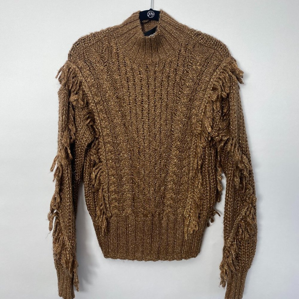 NEW EXPRESS GOLD METALLIC SPARKLE FRINGE MOCK NECK SWEATER S M L $100